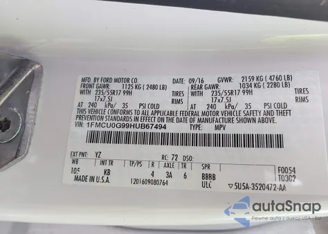 2017 Ford Escape Se z USA, uszkodzony, nr VIN 1FMCU0G99HUB67494